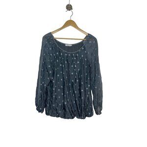 Renee Italy Women's Silk Blend Polka Dot Long Sleeve Lined Blouse Gray Large